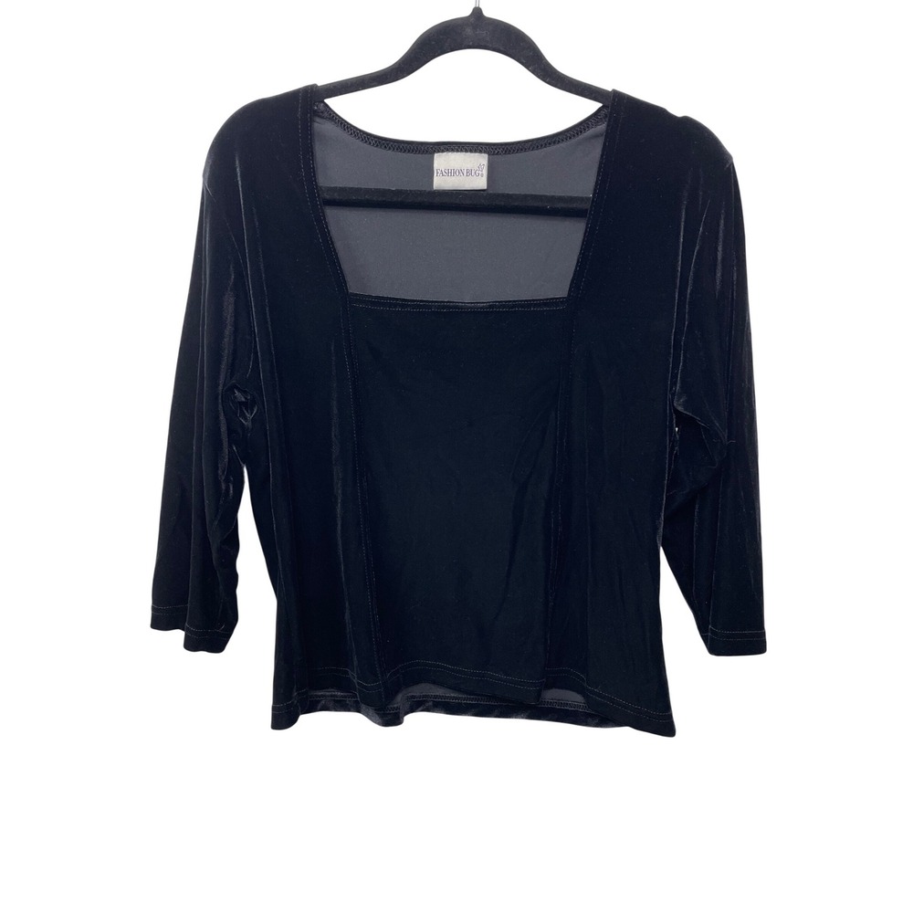 Y2K Black Velvet Square Neck‎ Blouse 3/4 Sleeve L Fashion Bug Whimsigoth Witchy